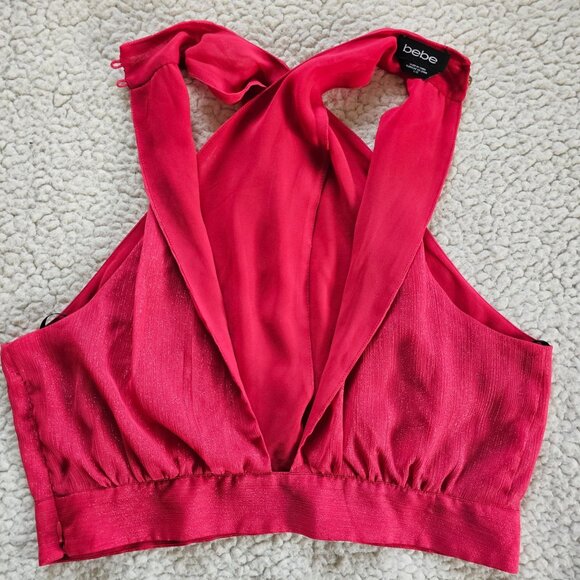 Bebe Top Shimmery Pink Fabric L Crisscross Halter-Style Sleeveless - Picture 5 of 7